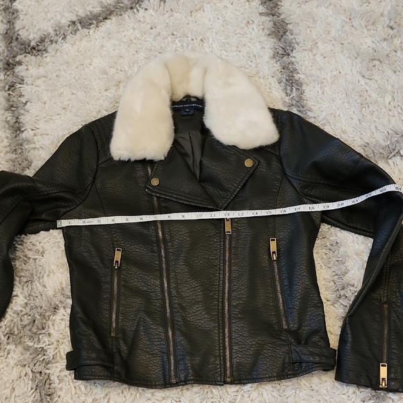 French Connection Dark Olive Faux Leather Jacket with White Fur Collar - Picture 7 of 8